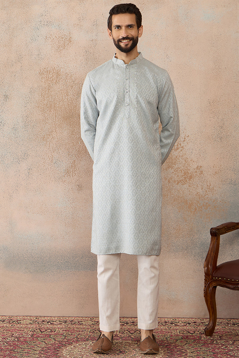 Mens Blue Linen Self Design Embroidered Kurta MKU2367