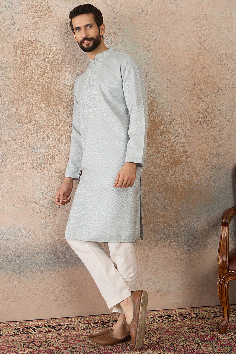 Mens Blue Linen Self Design Embroidered Kurta MKU2367