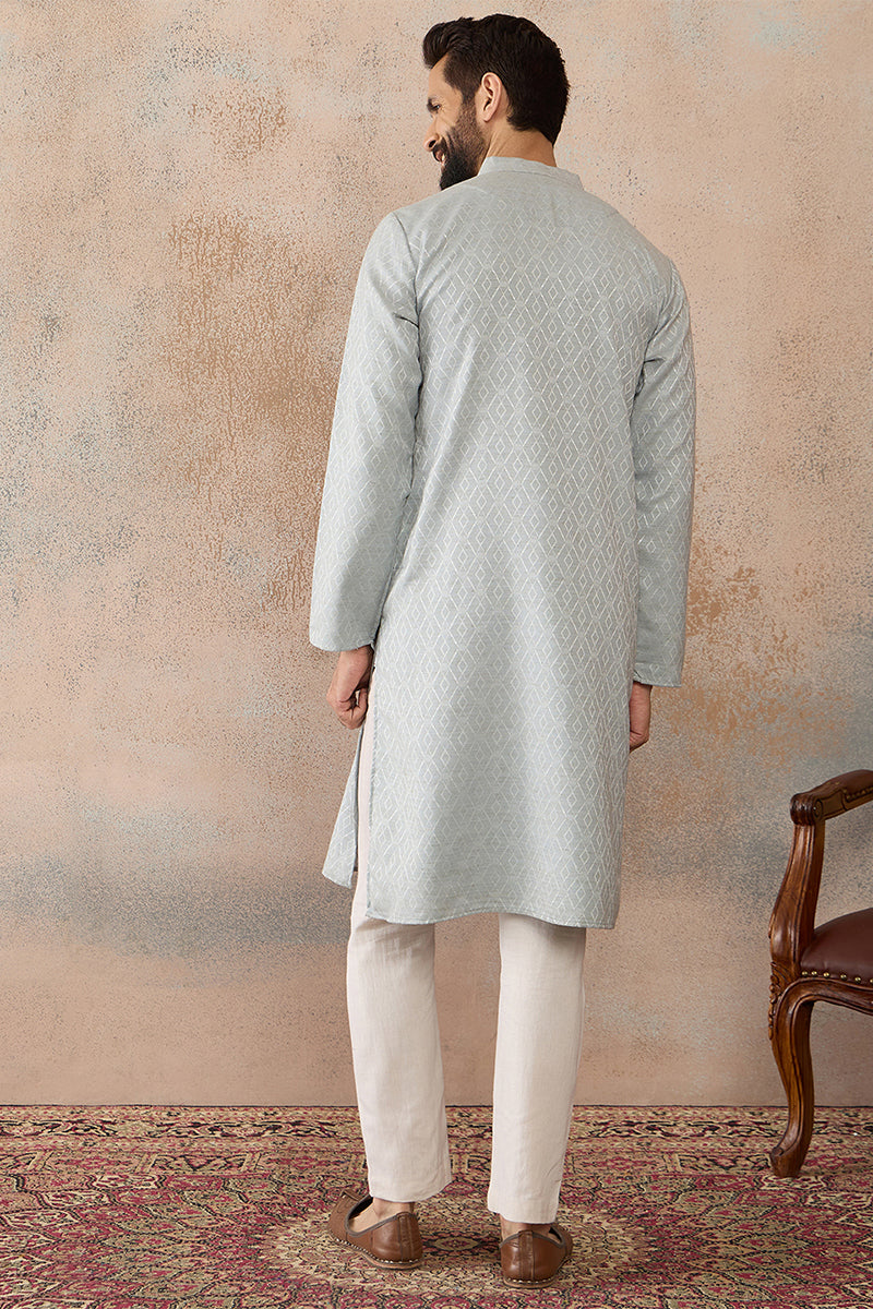 Mens Blue Linen Self Design Embroidered Kurta MKU2367