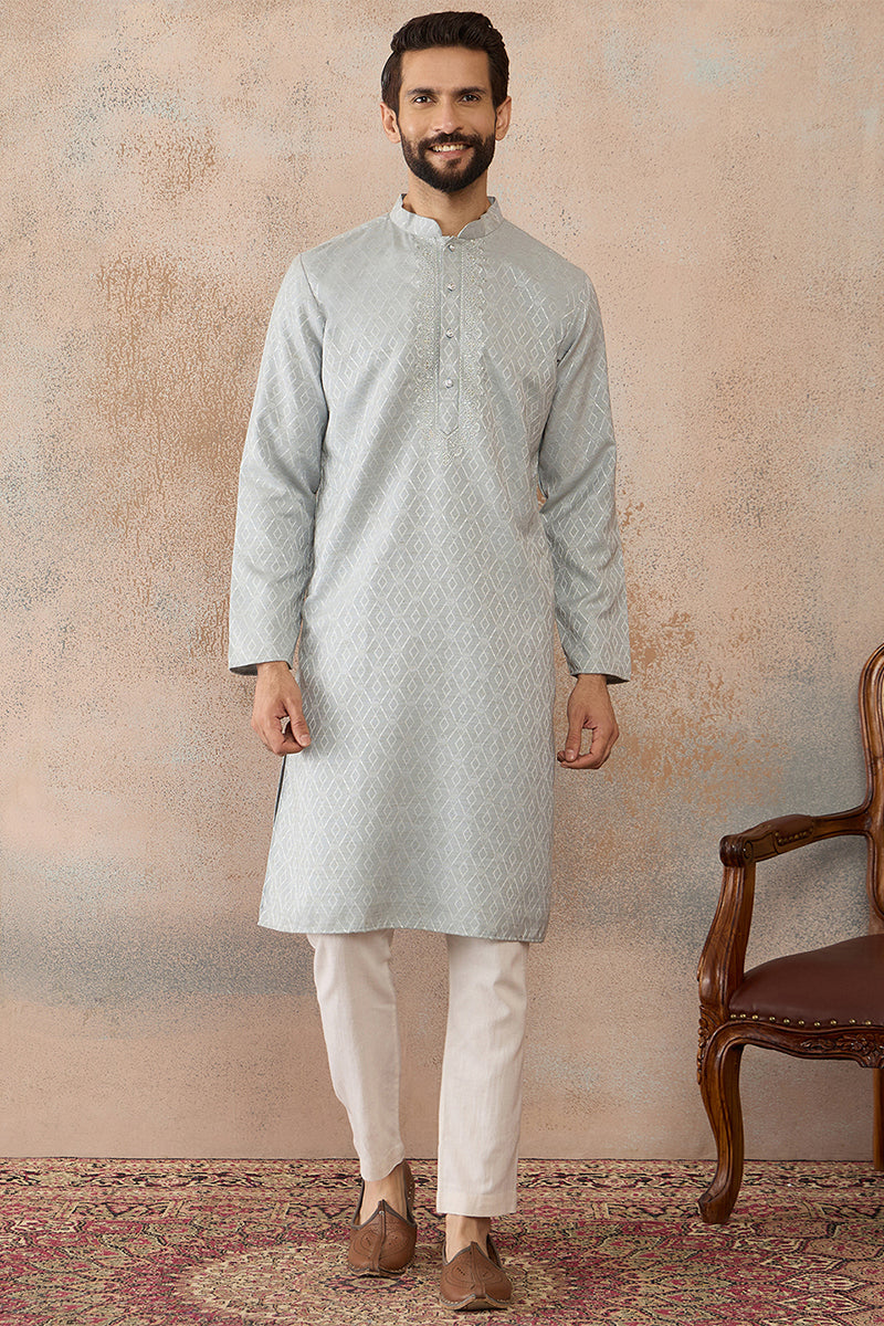 Mens Blue Linen Self Design Embroidered Kurta With Trouser