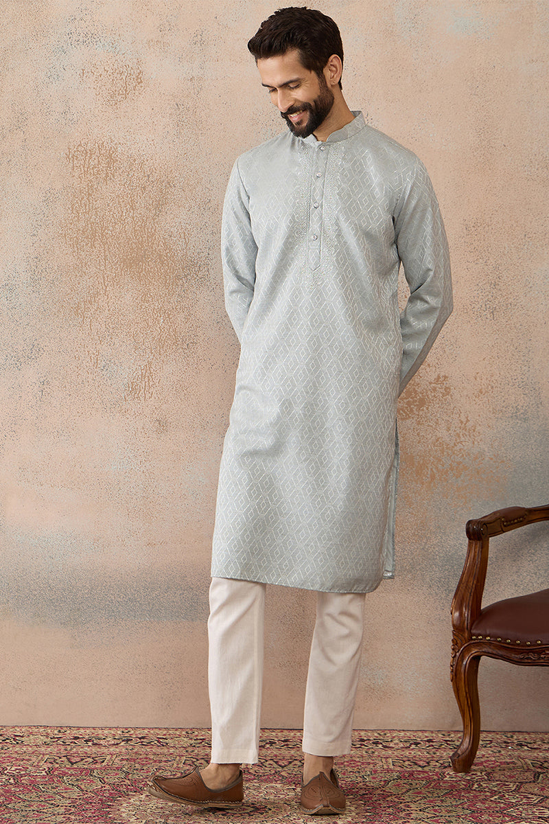 Mens Blue Linen Self Design Embroidered Kurta