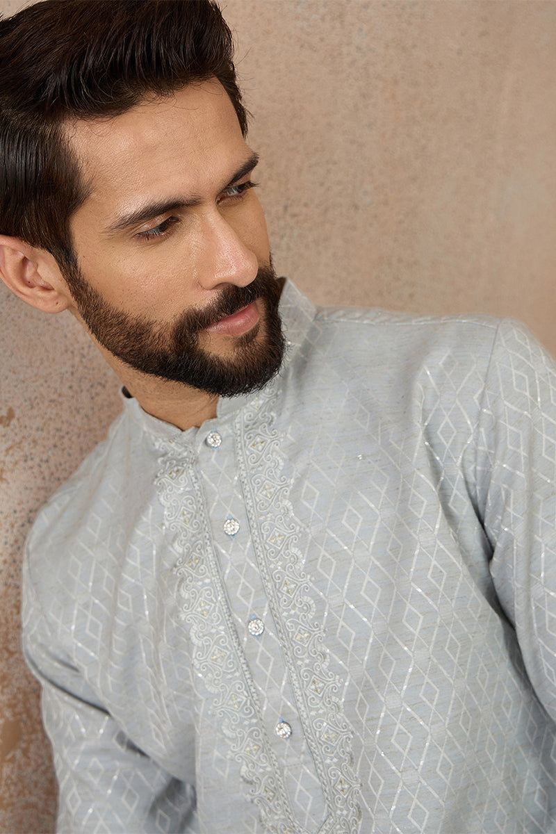 Mens Blue Linen Self Design Embroidered Kurta