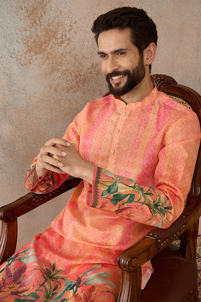 Men Orange Silk Blend Ethnic Motifs Printed Straight Kurta with Trousers  MKSET2369