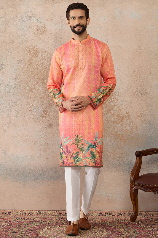 Men Orange Silk Blend Ethnic Motifs Printed Straight Kurta MKU2369