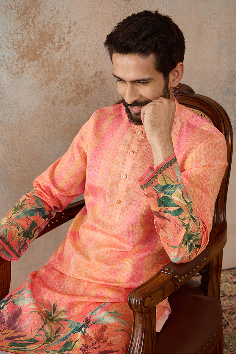 Men Orange Silk Blend Ethnic Motifs Printed Straight Kurta MKU2369