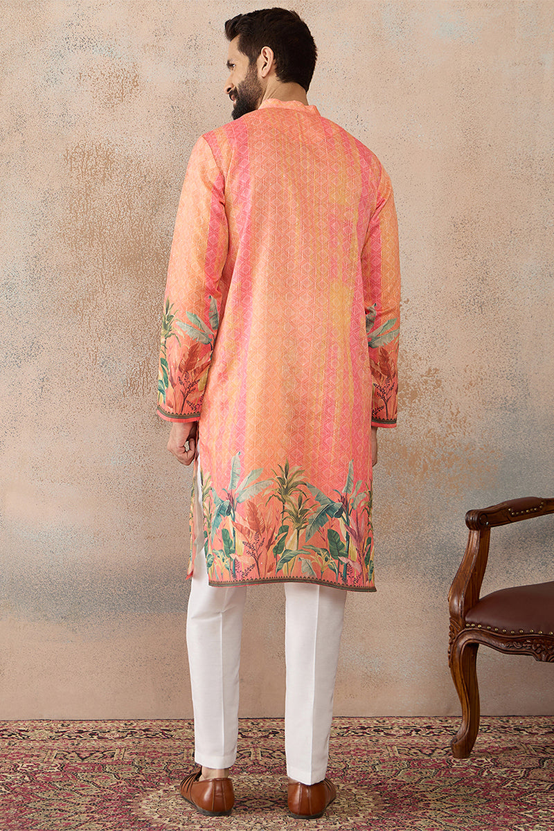 Men Orange Silk Blend Ethnic Motifs Printed Straight Kurta MKU2369