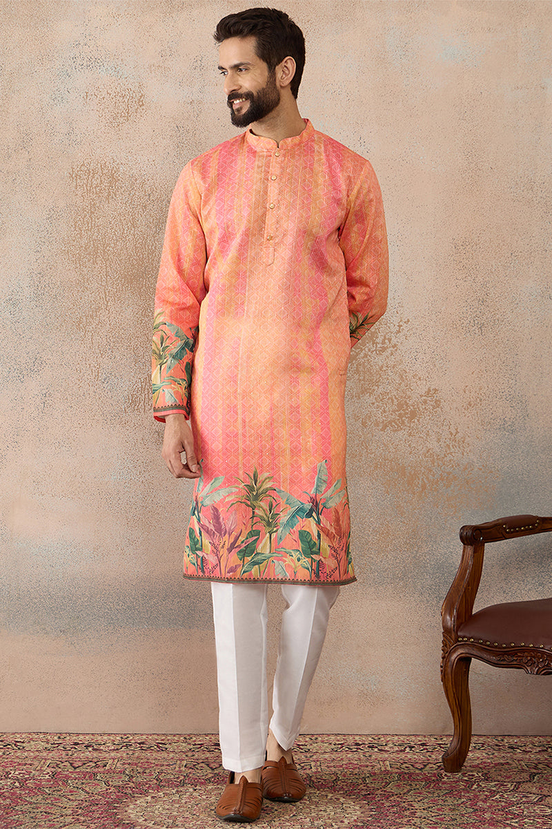 Men Orange Silk Blend Ethnic Motifs Printed Straight Kurta