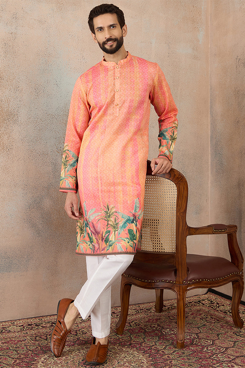 Men Orange Silk Blend Ethnic Motifs Printed Straight Kurta