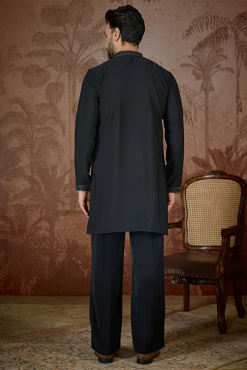 Mens Black Silk Blend Solid Embroidered Kurta MKU2382
