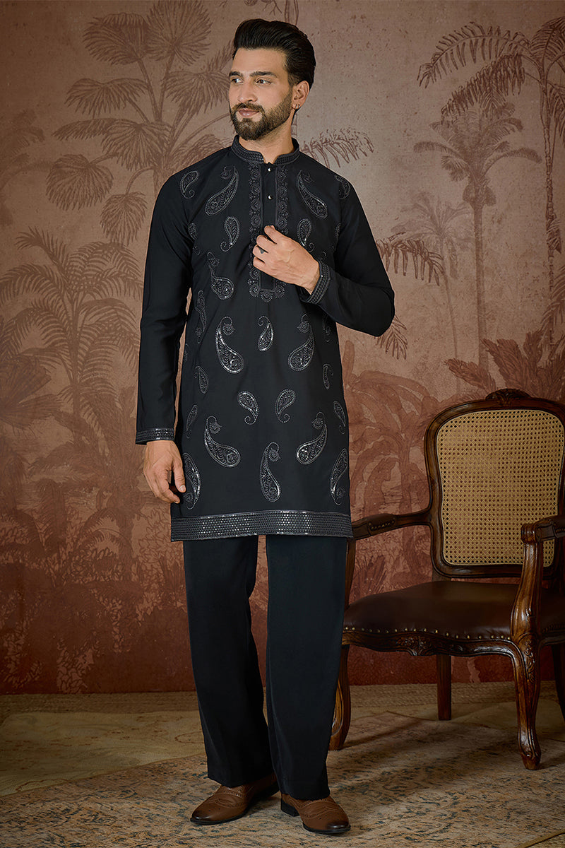 Mens Black Silk Blend Solid Embroidered Kurta