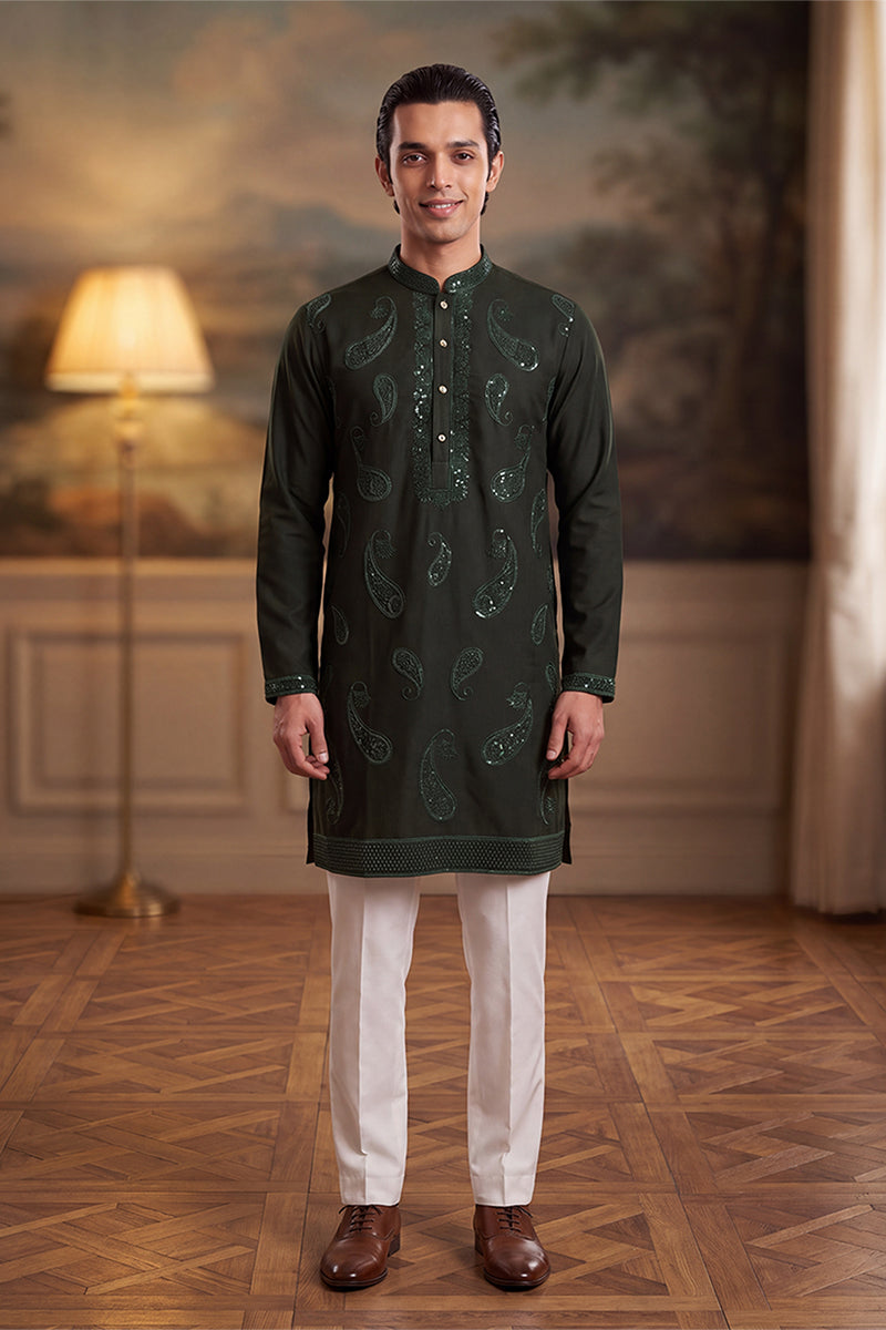 Mens Green Silk Blend Solid Embroidered Kurta MKU2424