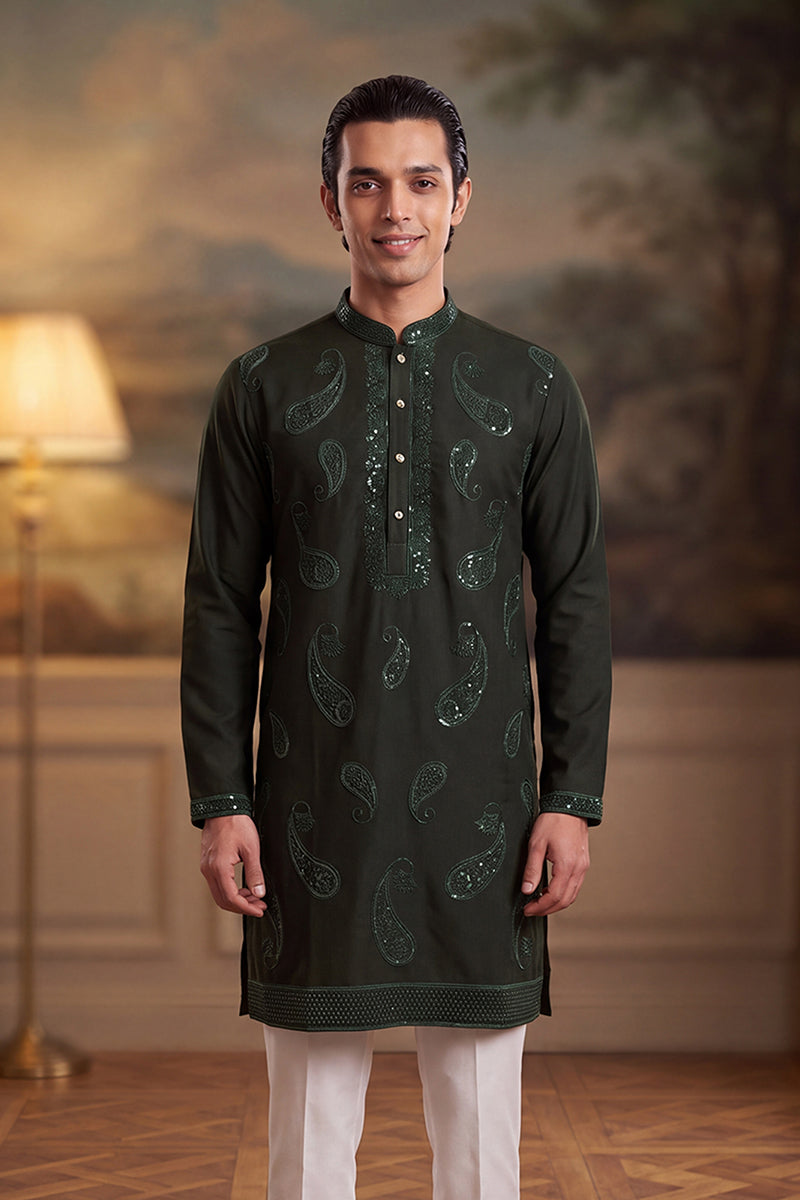Mens Green Silk Blend Solid Embroidered Kurta