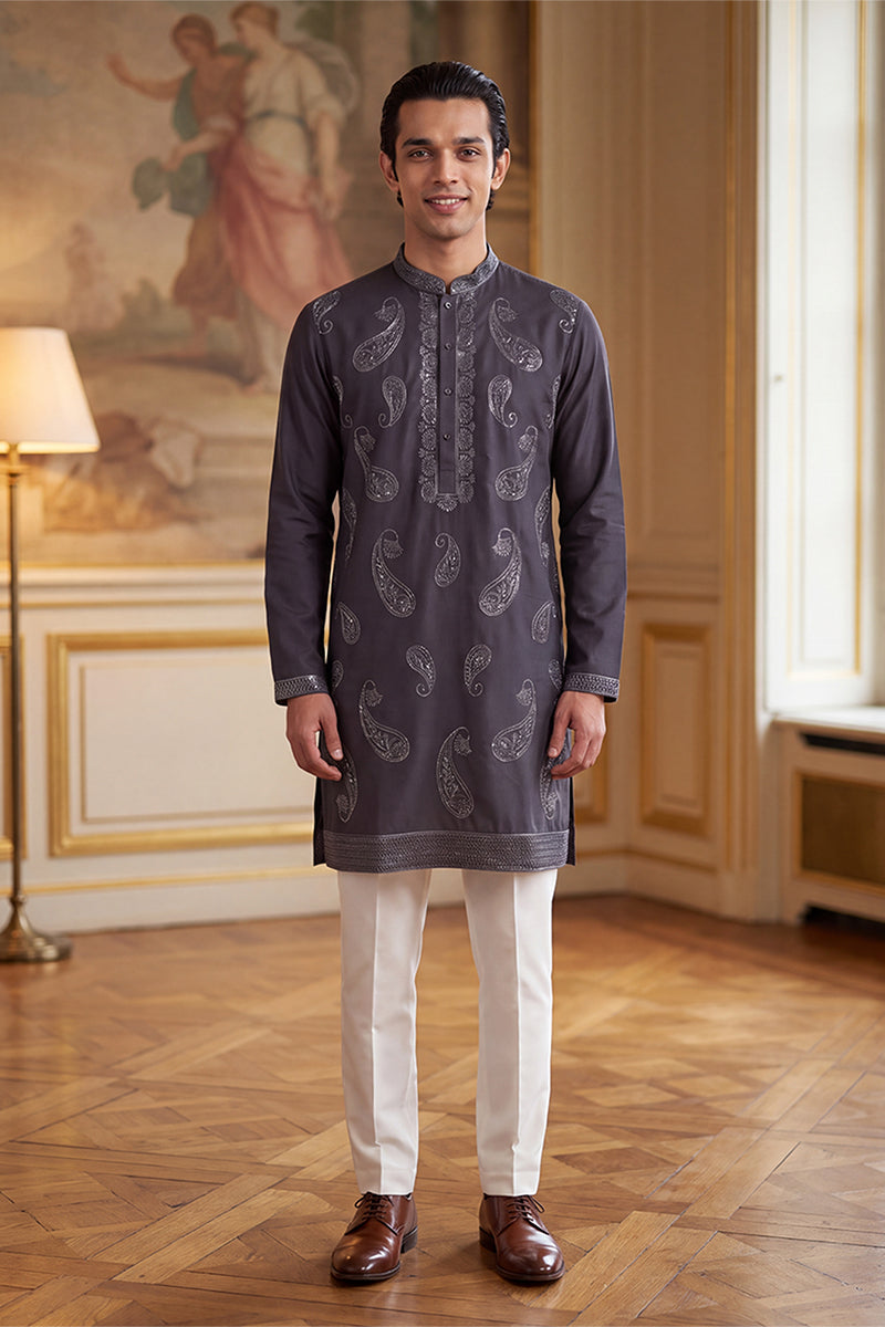 Mens Grey Silk Blend Solid Embroidered Kurta MKU2425