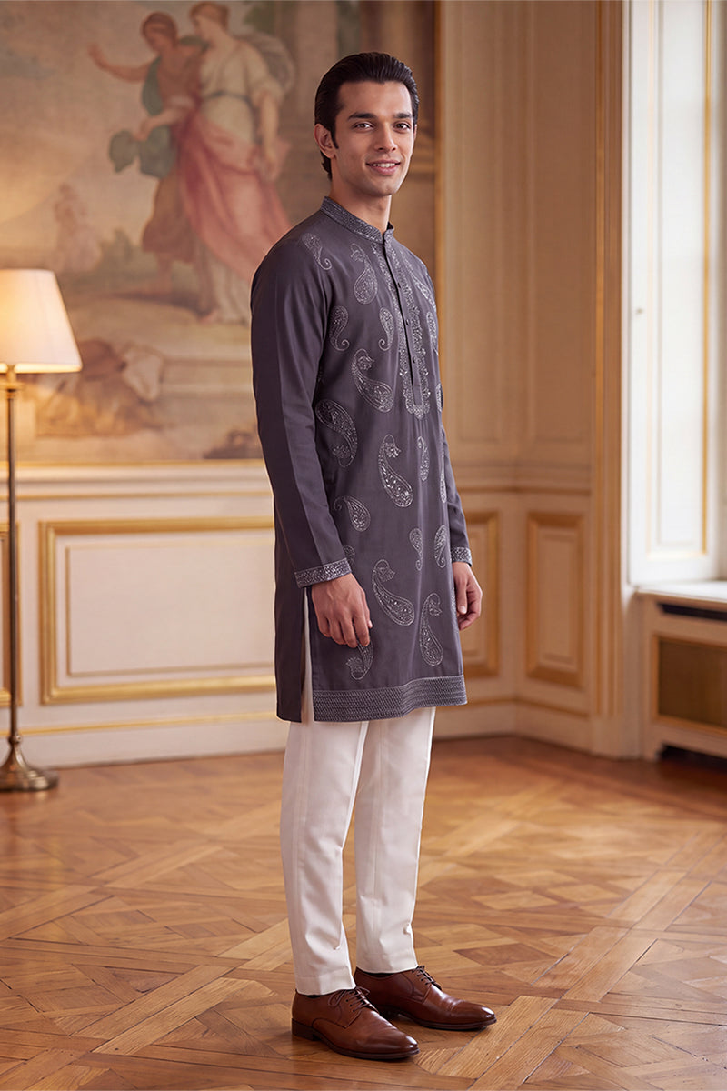 Mens Grey Silk Blend Solid Embroidered Kurta MKU2425