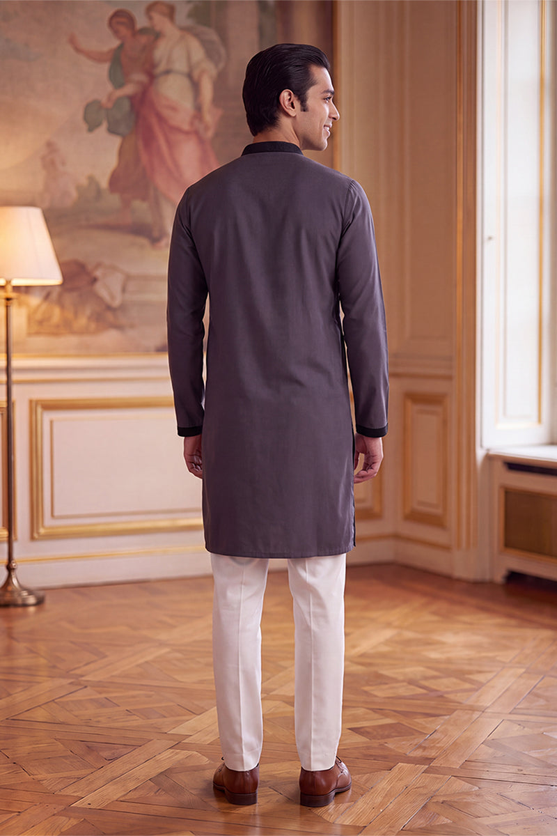Mens Grey Silk Blend Solid Embroidered Kurta With Trouser MKSET2425