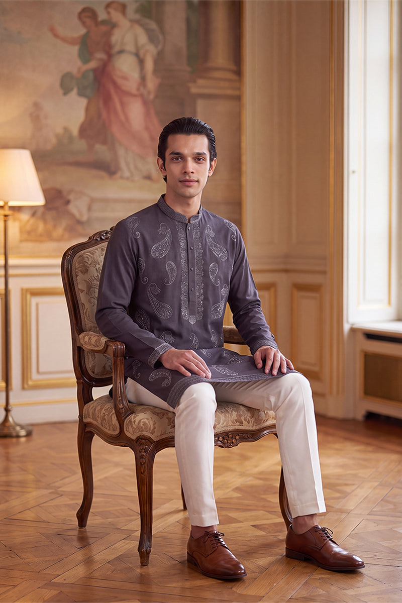 Mens Grey Silk Blend Solid Embroidered Kurta With Trouser MKSET2425