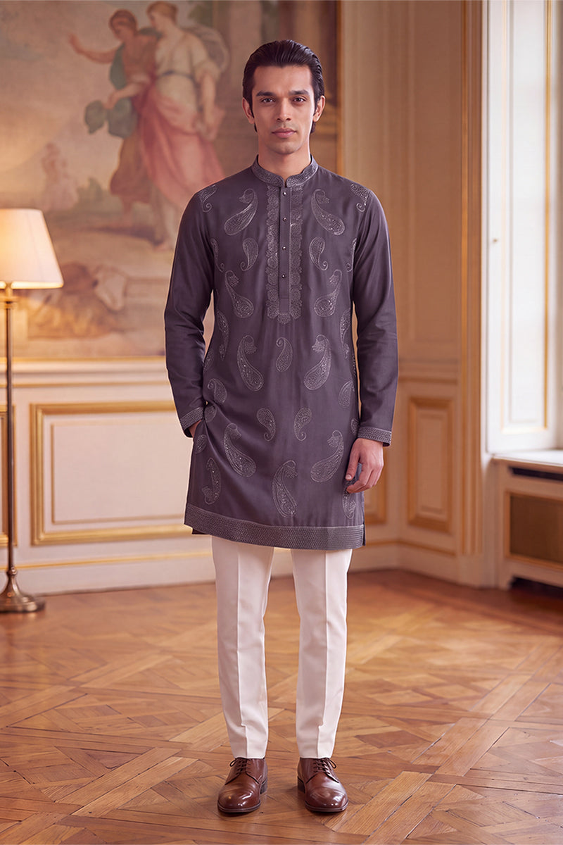 Mens Grey Silk Blend Solid Embroidered Kurta