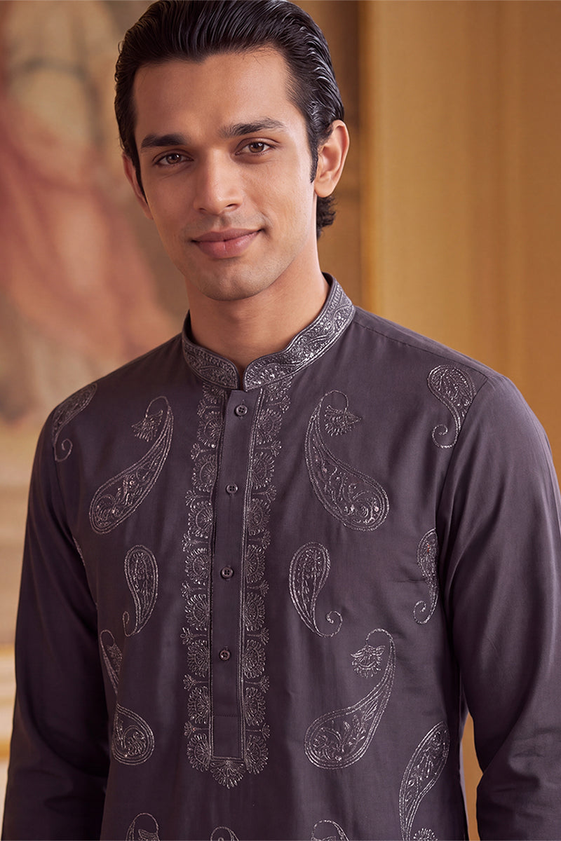 Mens Grey Silk Blend Solid Embroidered Kurta