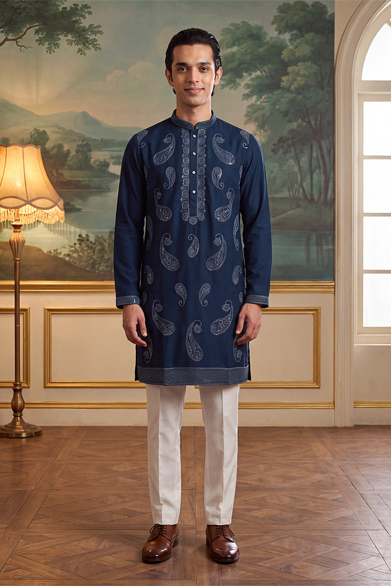 Mens Teal Silk Blend Solid Embroidered Kurta MKU2426