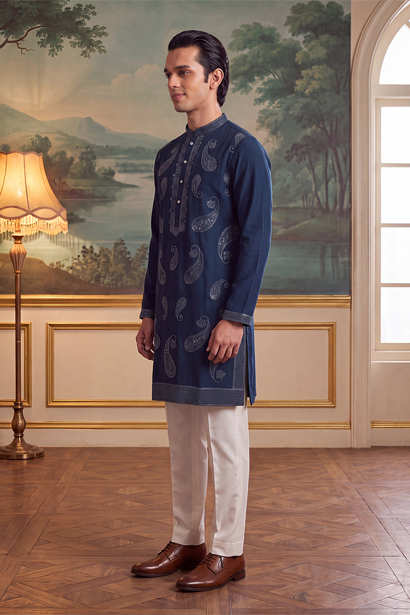 Mens Teal Silk Blend Solid Embroidered Kurta With Trouser MKSET2426