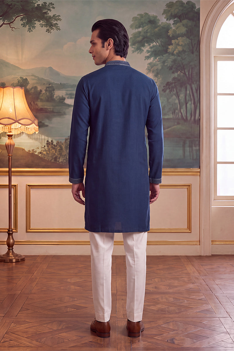 Mens Teal Silk Blend Solid Embroidered Kurta MKU2426