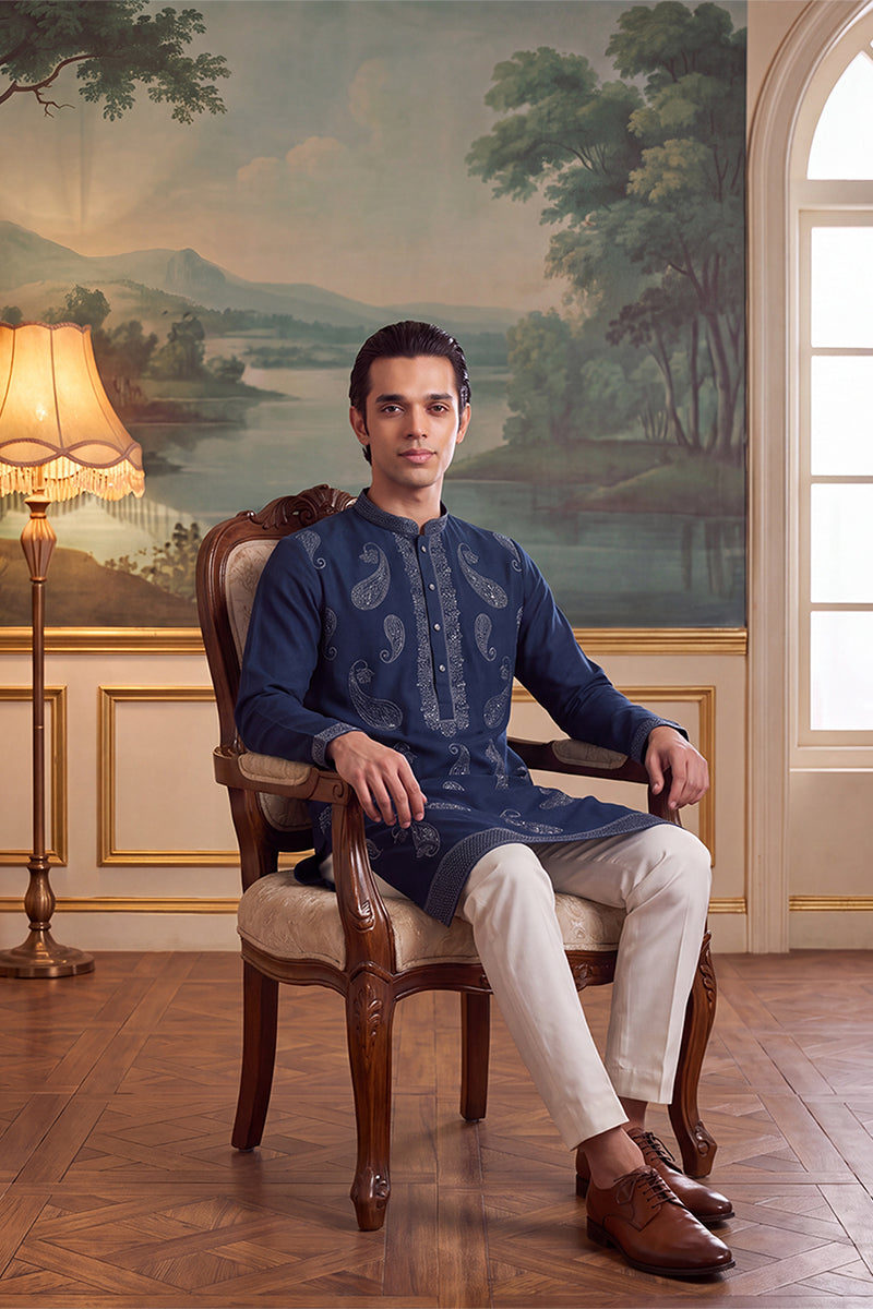Mens Teal Silk Blend Solid Embroidered Kurta MKU2426