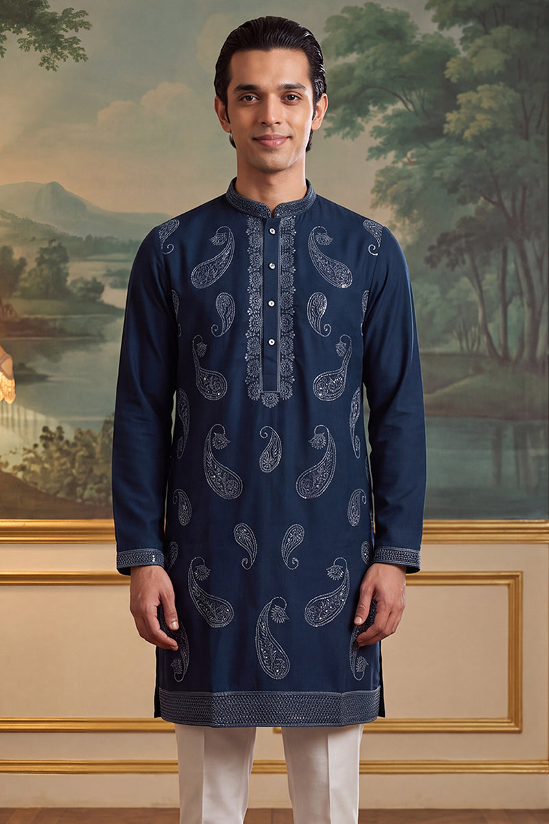 Mens Teal Silk Blend Solid Embroidered Kurta With Trouser