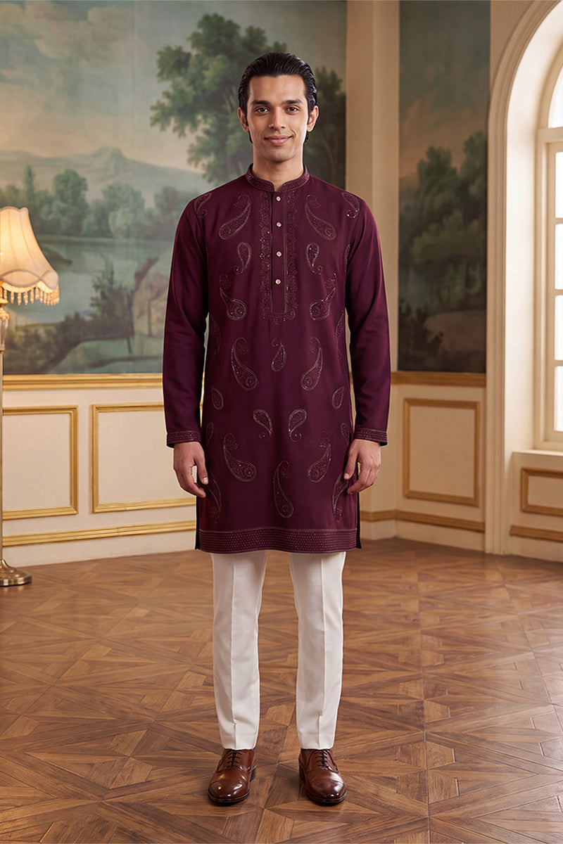 Mens Wine Silk Blend Solid Embroidered Kurta With Trouser MKSET2427
