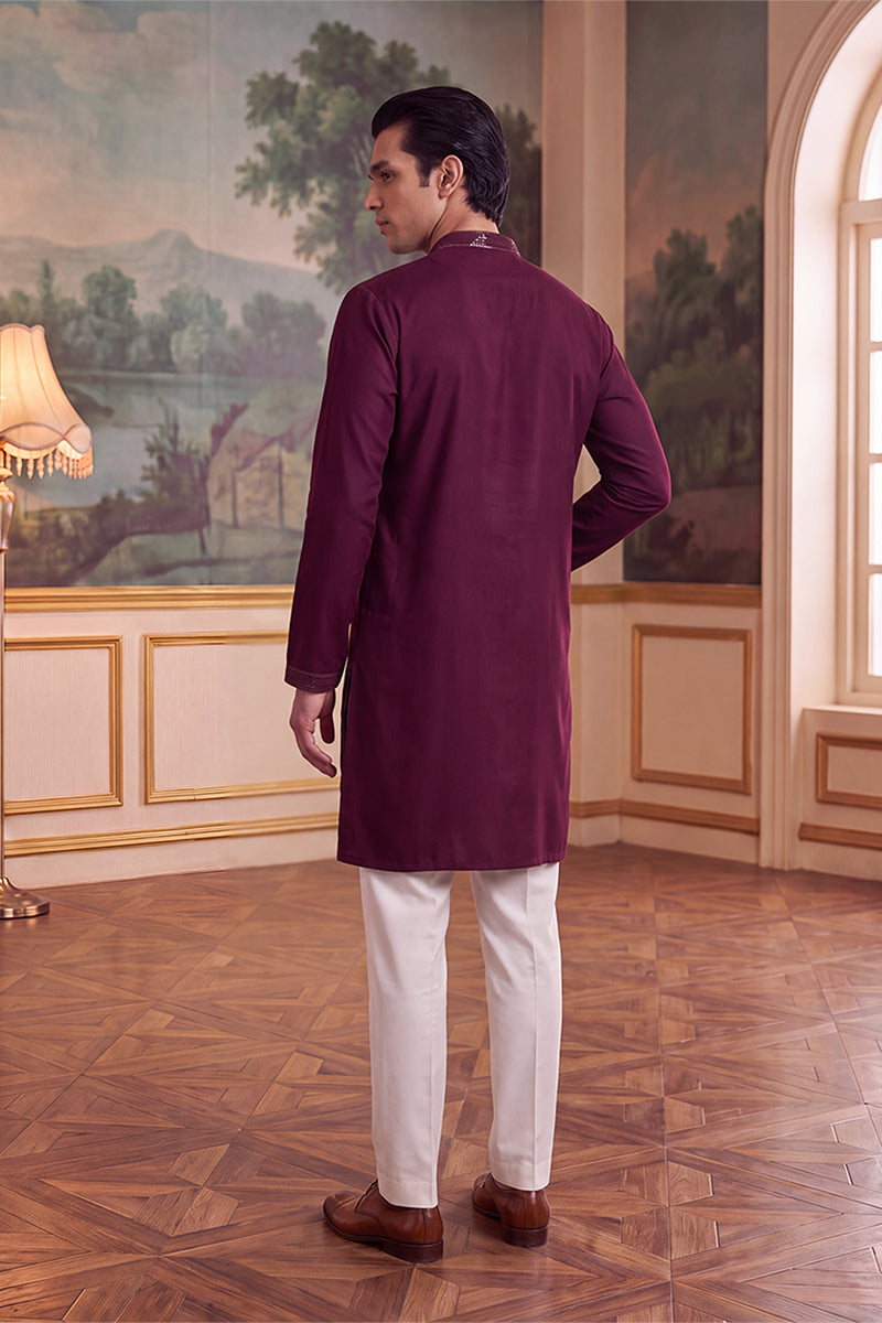 Mens Wine Silk Blend Solid Embroidered Kurta With Trouser MKSET2427