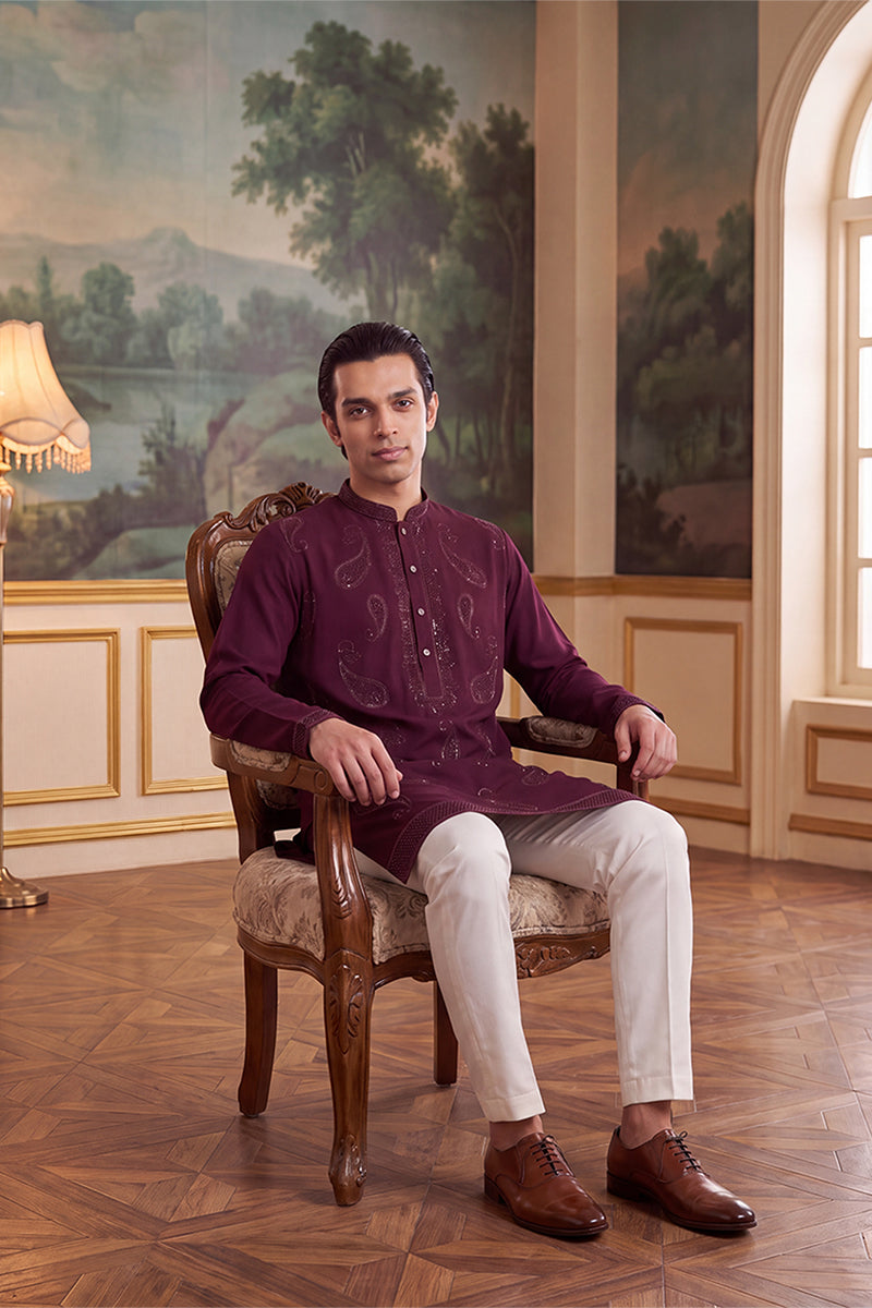 Mens Wine Silk Blend Solid Embroidered Kurta With Trouser MKSET2427