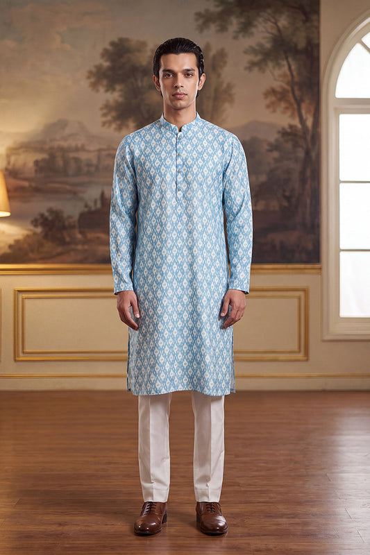 Mens Blue Linen Ikkat Print Regular Kurta MKU2428