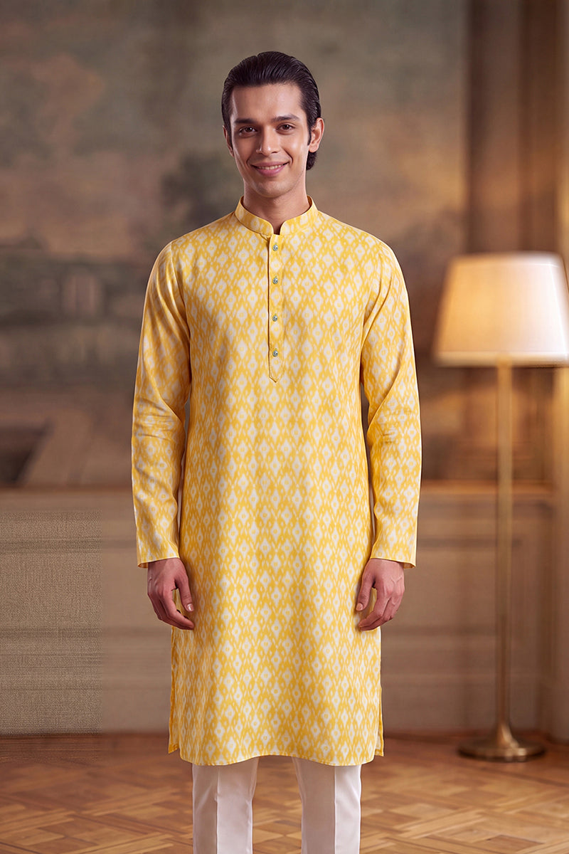 Mens Yellow Linen Ikkat Print Regular Kurta MKU2429