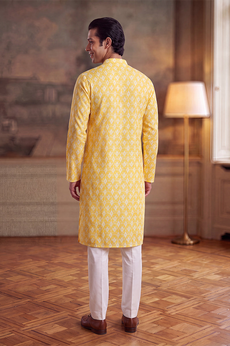 Mens Yellow Linen Ikkat Print Regular Kurta With Trouser MKSET2429