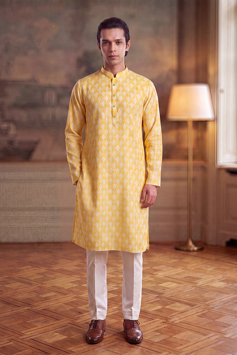Mens Yellow Linen Ikkat Print Regular Kurta With Trouser