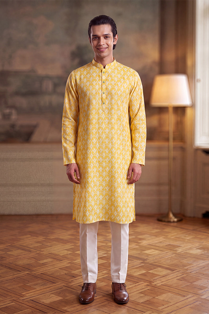 Mens Yellow Linen Ikkat Print Regular Kurta With Trouser