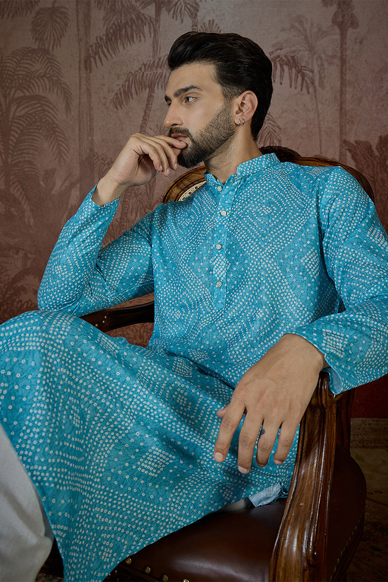 Mens Blue Linen Bandhani Print Regular Kurta MKU2430