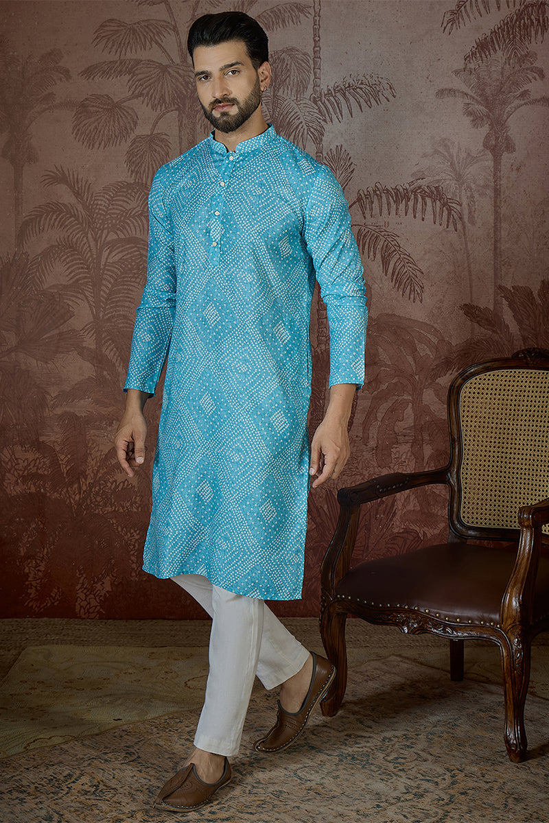 Mens Blue Linen Bandhani Print Regular Kurta MKU2430