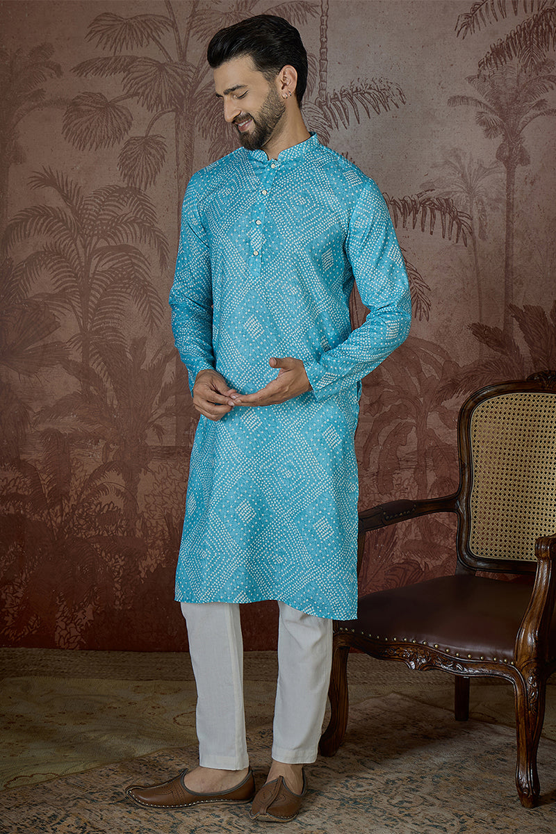 Mens Blue Linen Bandhani Print Regular Kurta MKU2430