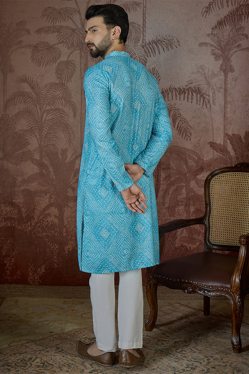 Mens Blue Linen Bandhani Print Regular Kurta MKU2430