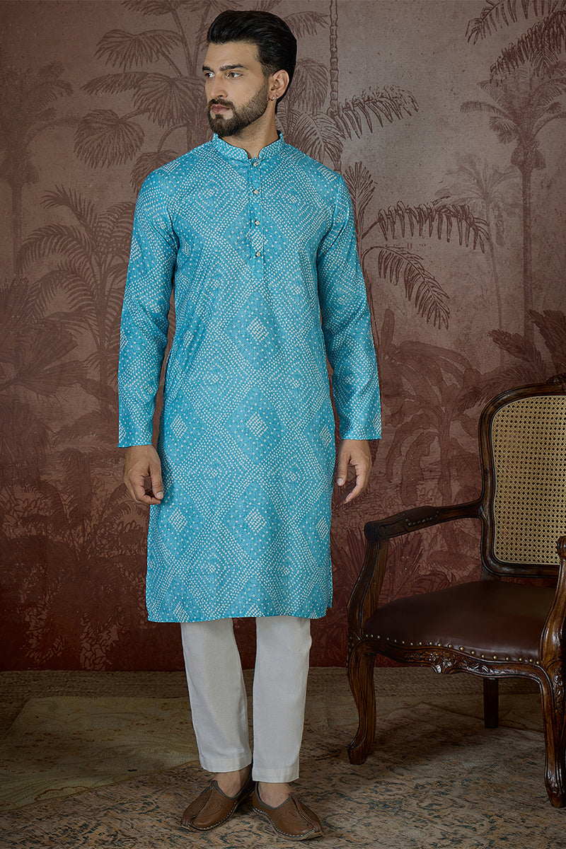 Mens Blue Linen Bandhani Print Regular Kurta