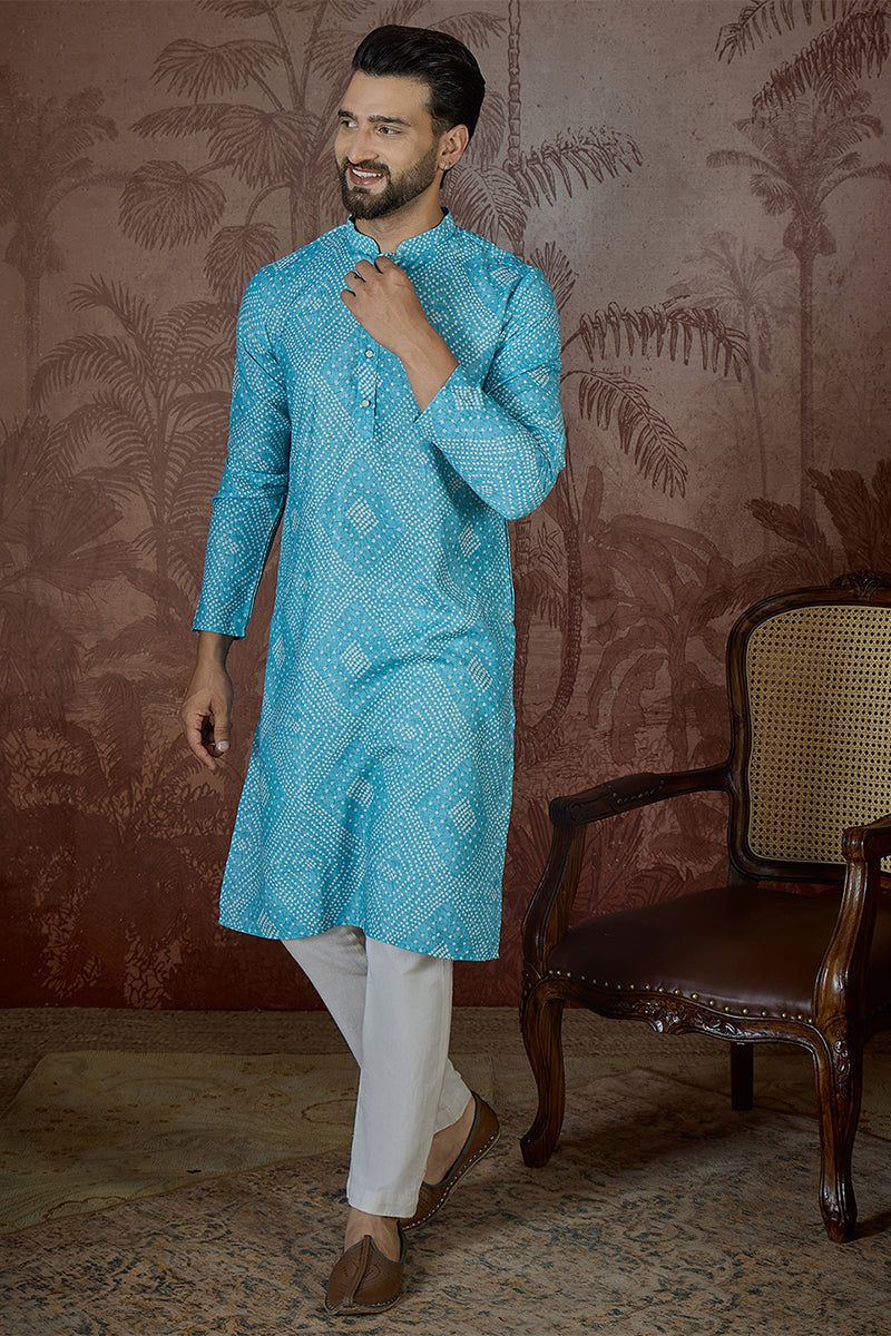Mens Blue Linen Bandhani Print Regular Kurta With Trouser