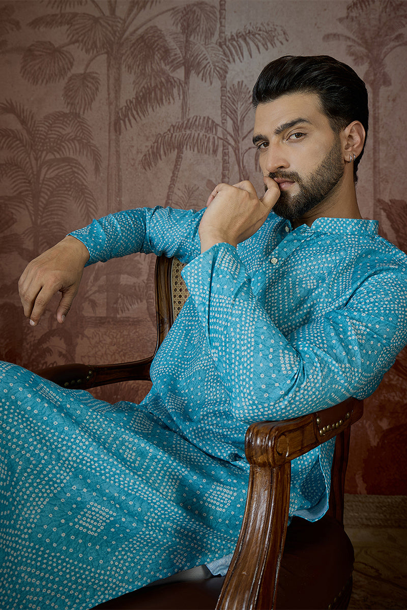 Mens Blue Linen Bandhani Print Regular Kurta