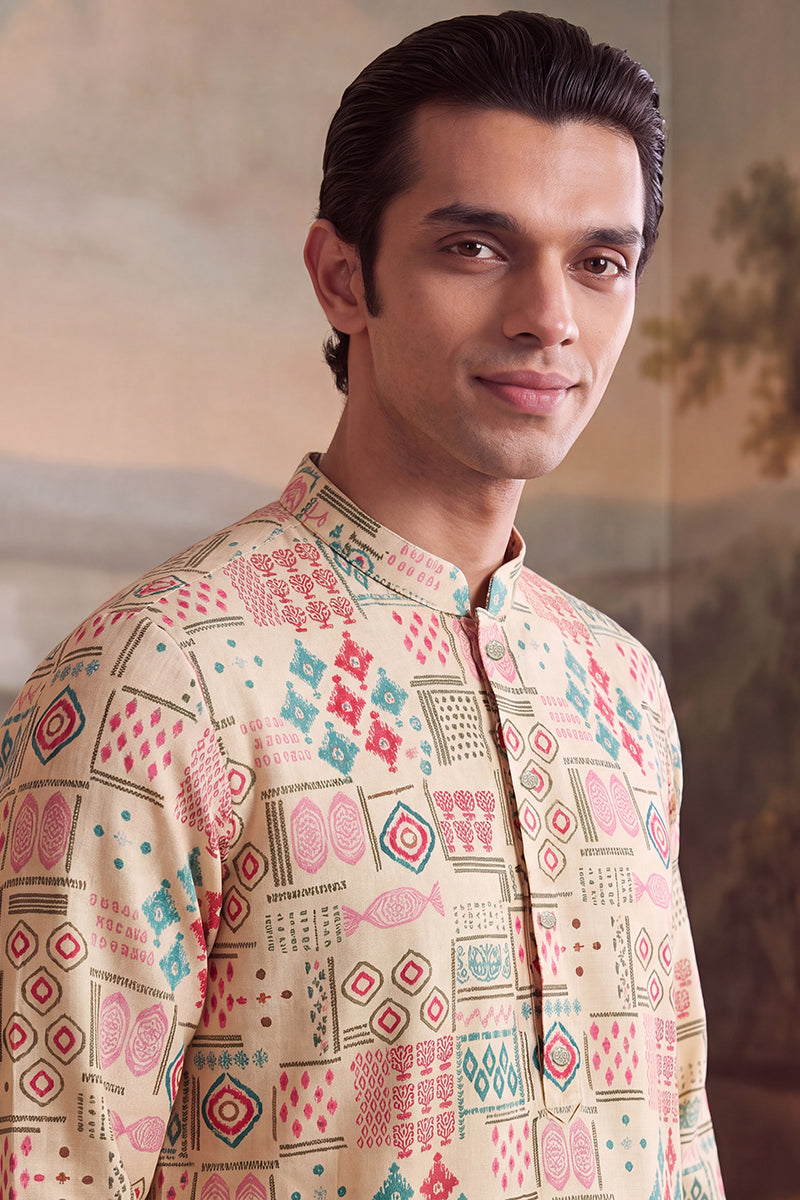 Mens Cream Linen Geometric Print Regular Kurta With Trouser MKSET2431