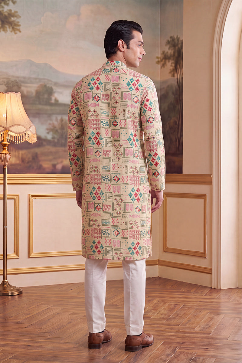 Mens Cream Linen Geometric Print Regular Kurta With Trouser MKSET2431