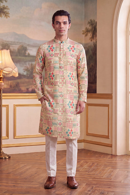 Mens Cream Linen Geometric Print Regular Kurta