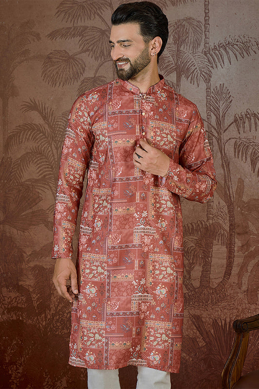 Mens Silk Blend Pink Abstract Printed Kurta MKU2432