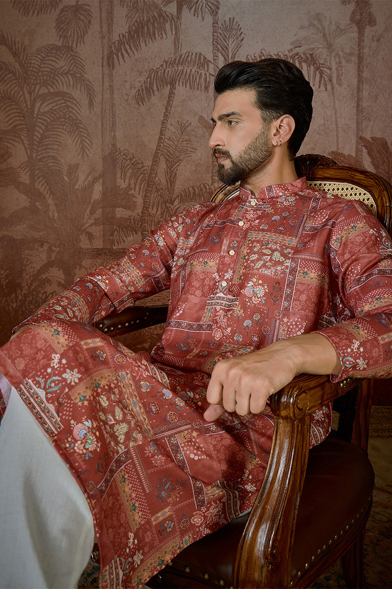 Mens Silk Blend Pink Abstract Printed Kurta MKU2432