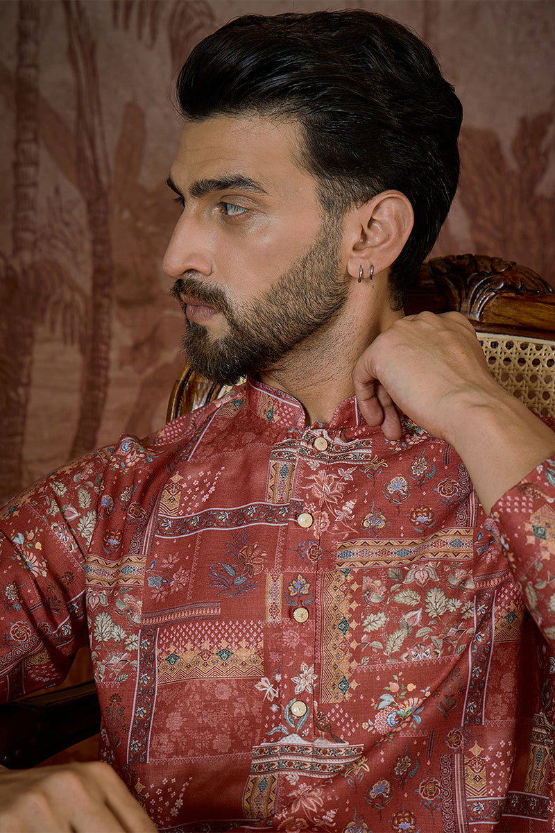 Mens Silk Blend Pink Abstract Printed Kurta MKU2432
