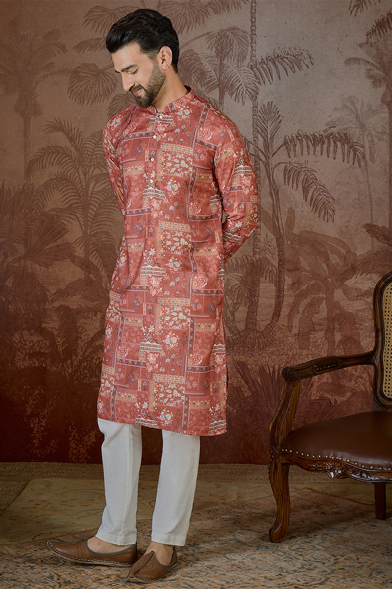 Mens Silk Blend Pink Abstract Printed Kurta