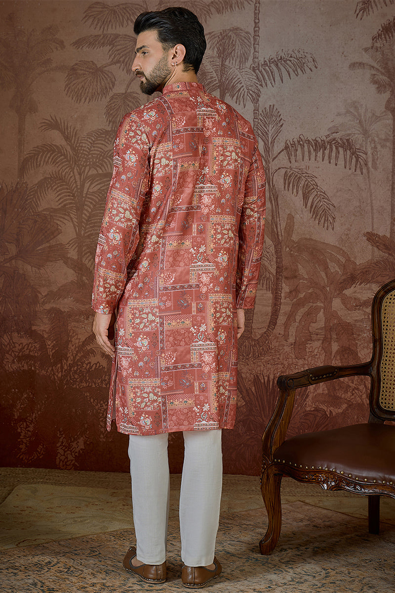 Mens Silk Blend Pink Abstract Printed Kurta